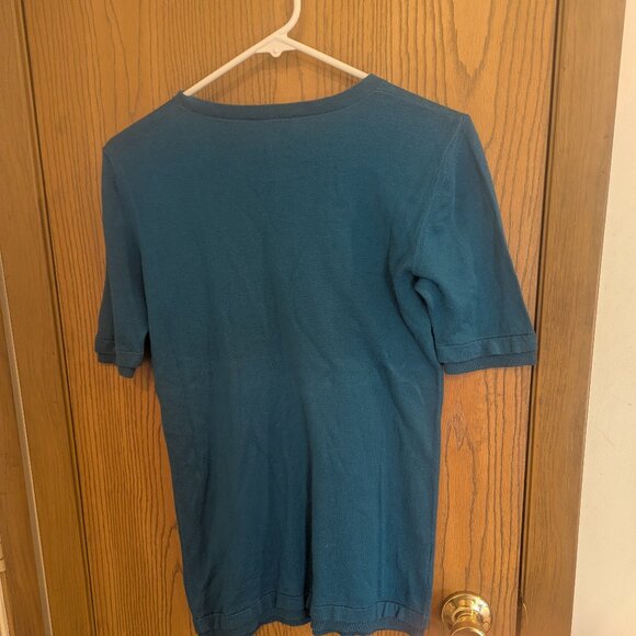 Ann Taylor Teal Blue Short Sleeve Knit Gold Button Sweater Top- Size Small - Picture 5 of 5